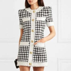 SHEIN size XS, Elegant Black and White Houndstooth Dress, mini, fitted, zipper